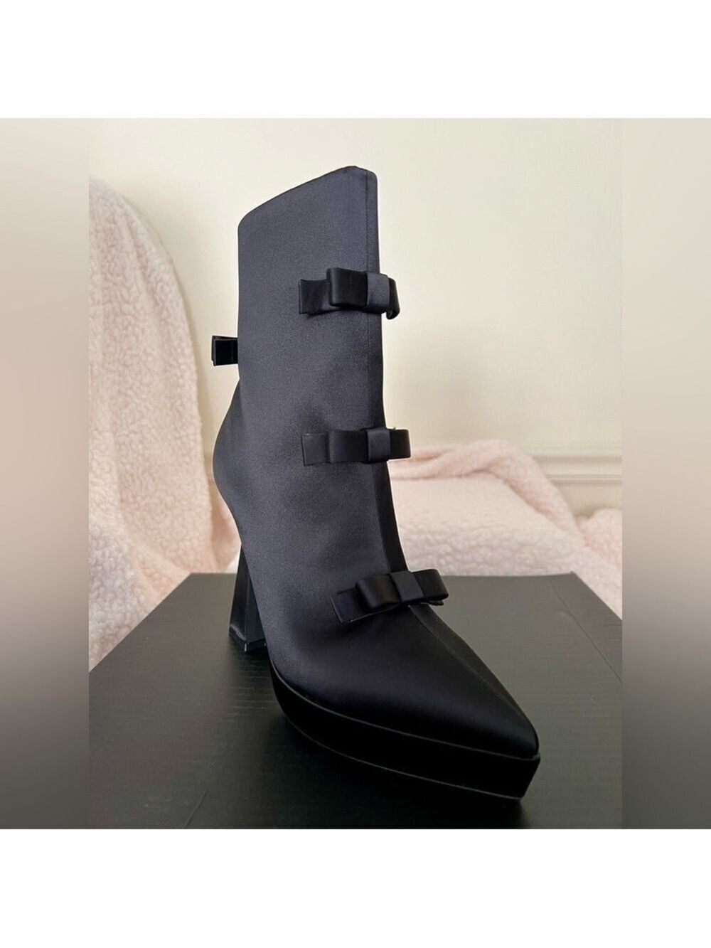 NIB Dolls Kill Widow Mourning Belle Heeled Booties Black Pointed Tow Bow Satin